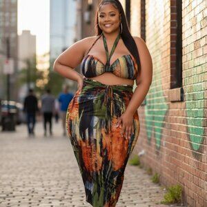 Multi-Color Print Tie Top & Ruched Skirt